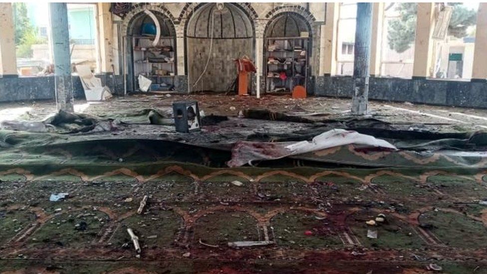 Debris and blood stains inside a mosque in Kunduz, Afghanistan. Photo: 8 October 2021