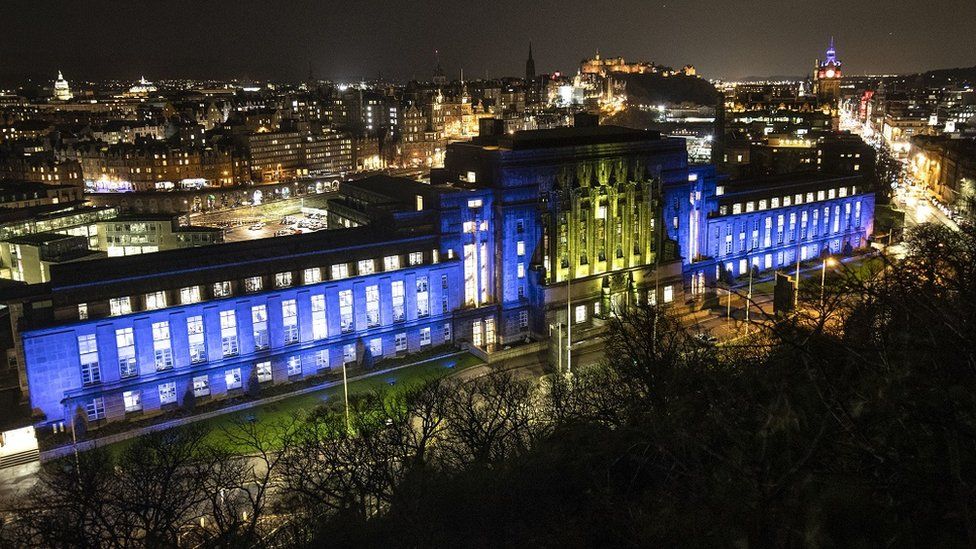 St Andrew's House, a Scottish Government building in Edinburgh, is illuminated in the colours of the European flag.
