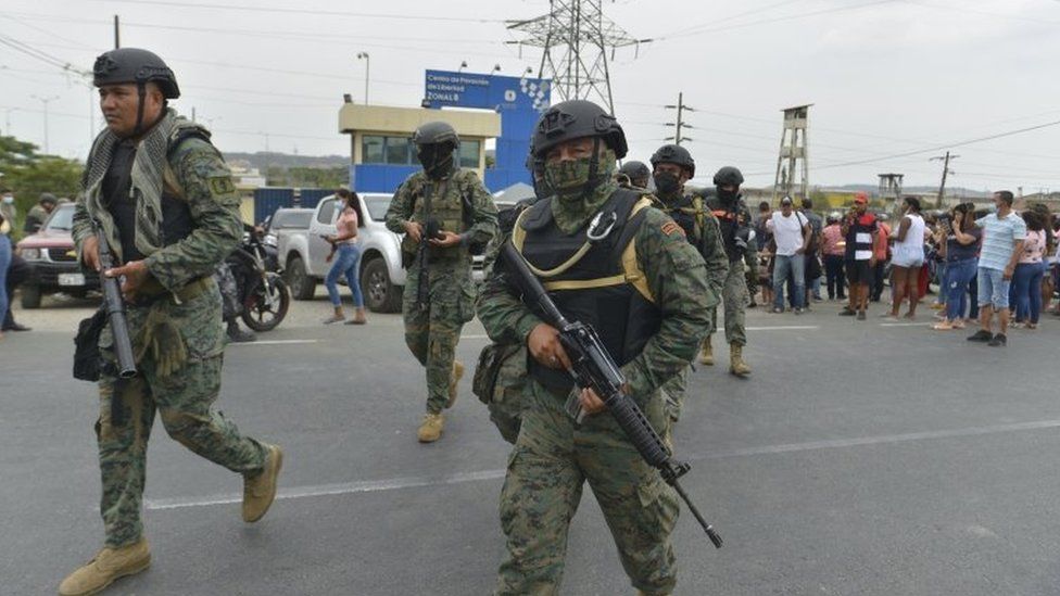 Soldiers patrol outside the high-security prison Zonal 8, in Guayaquil, Ecuador, 02 October 2021.