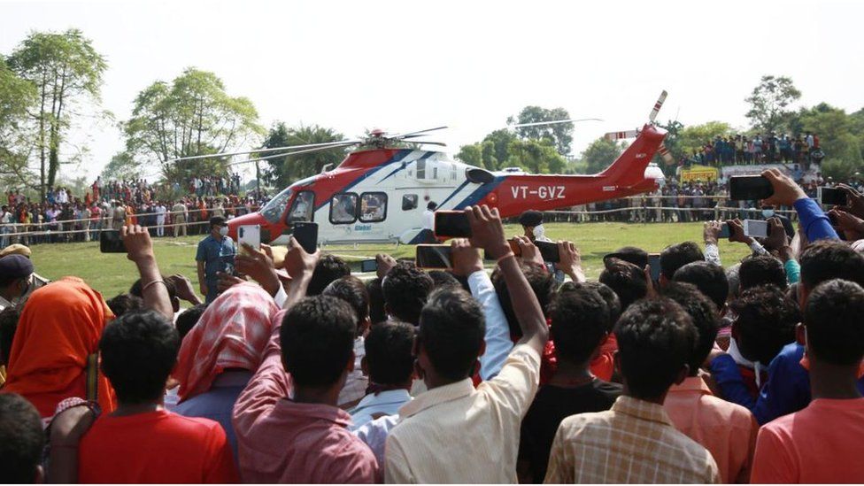 Bihar Chief Minister Nitish Kumar leaves by a helicopter after addressing an election campaign rally ahead of Bihar Assembly election on October 22, 2020 in Muzaffarpur, India.