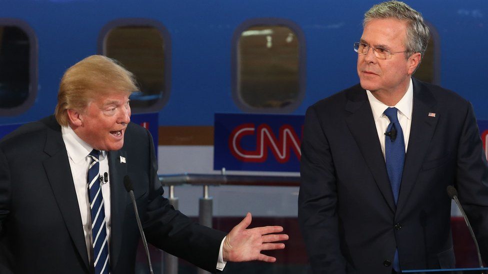 Republican presidential candidates Donald Trump and Jeb Bush take part in the presidential debates