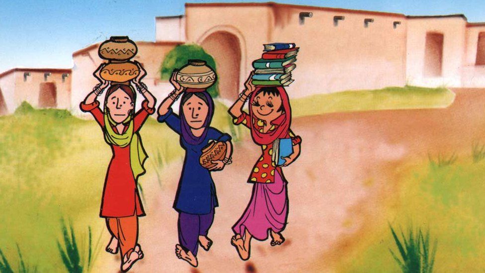 Comic showing three Pakistani woman walking together, two with pots on their heads and one, Gogi, with books on her head