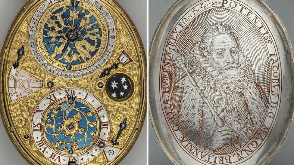 Design of watch face and engraving of King James I of England