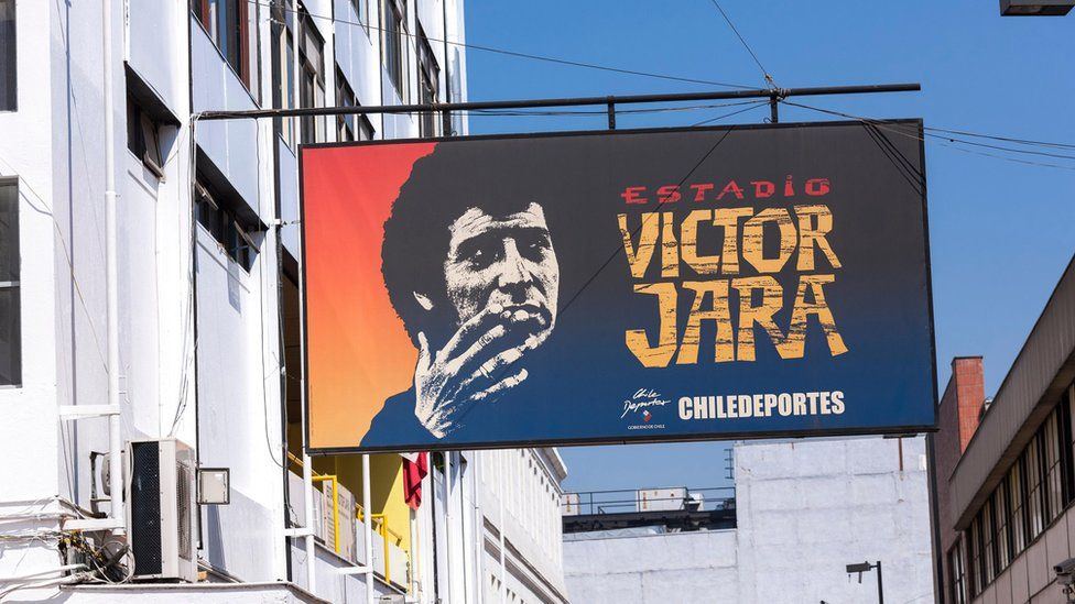 A view of a sign of the Victor Jara stadium