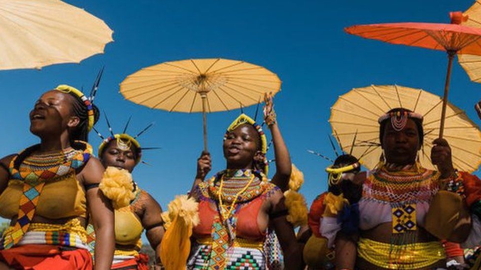 Traditional clad women sing and dance during the celebration of the coronation of their new King Misuzulu kaZwelithini