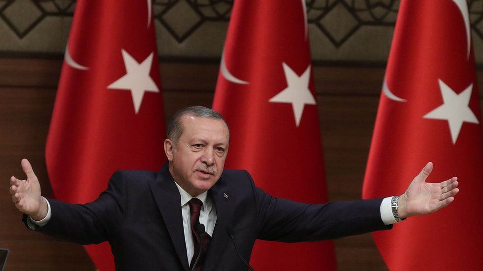 Turkish President Recep Tayyip Erdogan gestures as he speaks during a meeting in Ankara