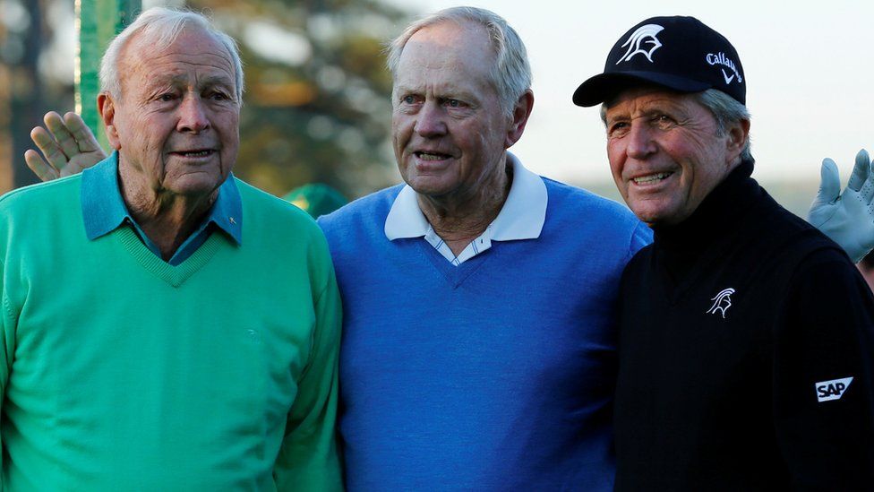 Arnold Palmer, left, with fellow golfers Jack Nicklaus, centre, and Gary Player in Augusta 2014