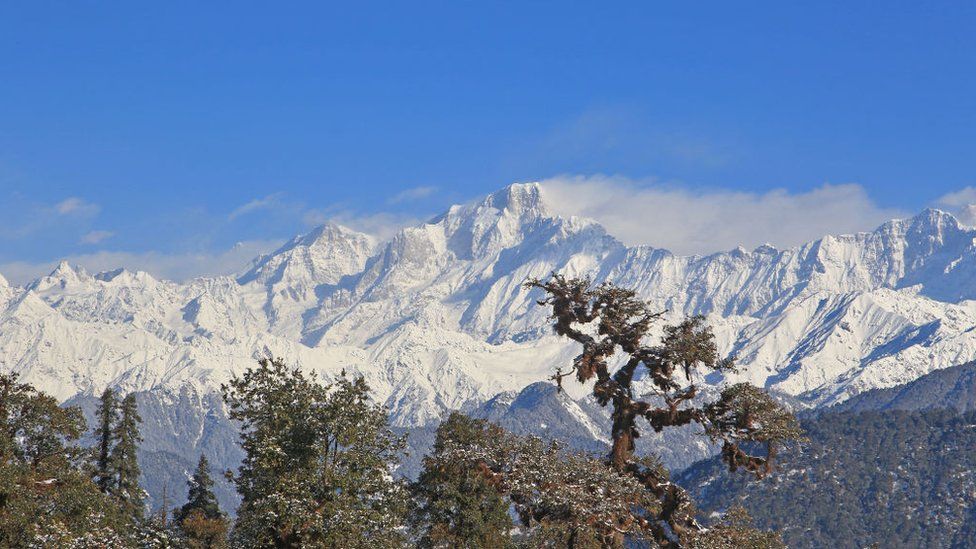 A view of Himalayan range including Trishul , Nanda Devi,Chaukhamba from Chopta Valley during the Winter Season at Rudrapragya District of Uttarakhand, India. March 08,2019.