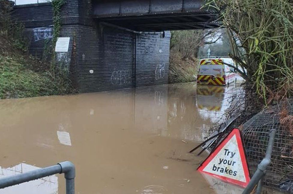 Van stuck in water at Green Lane, Thorpe End, near Norwich