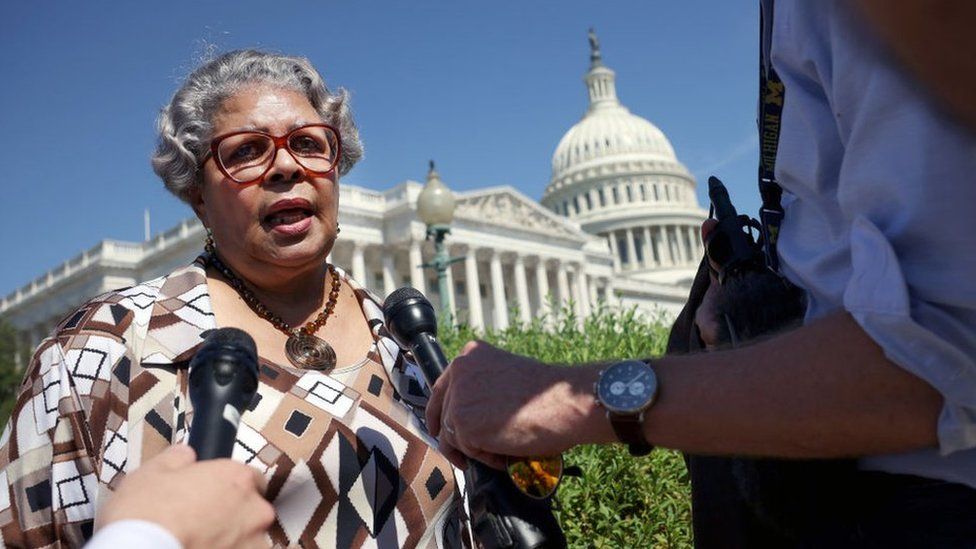 Texas state House Democrat Rep. Senfronia Thompson speaks to members of the media at a news conference on voting rights outside the US Capitol