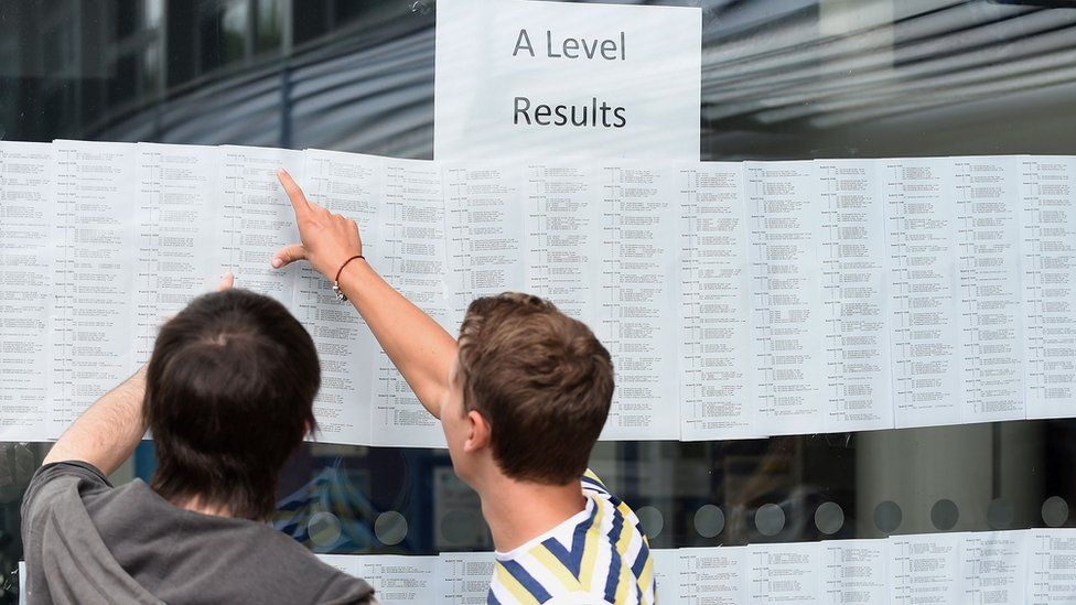 Students looking at their exam results