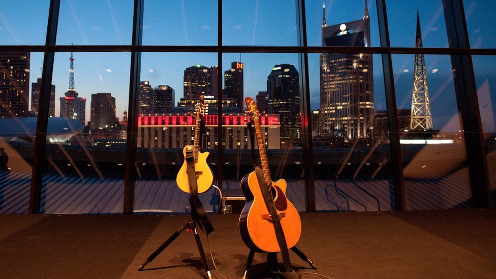 Guitars against the Nashville skyline