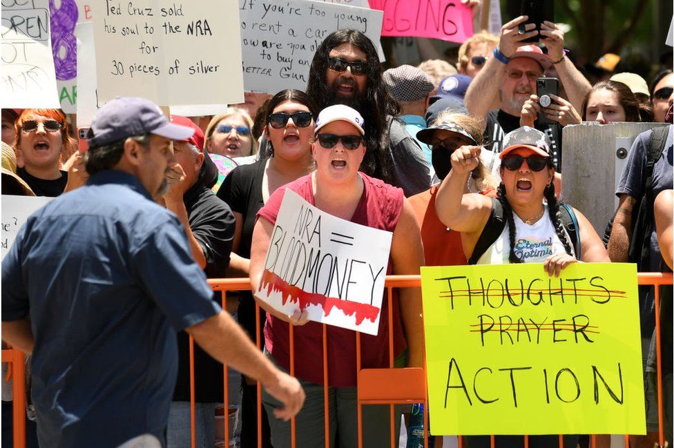 Hundreds of protesters gathered outside the venue in Houston