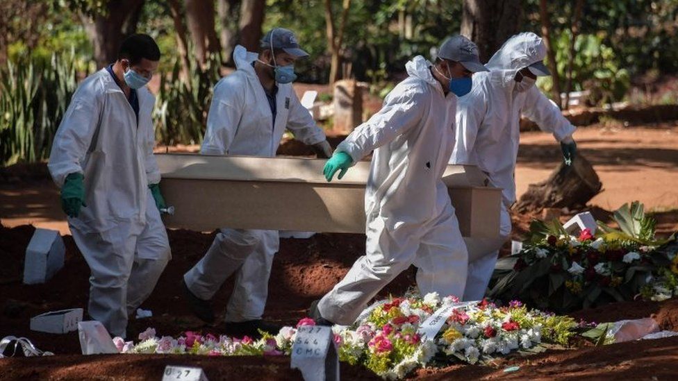 Employees carry the coffin of a person who died from Covid-19 in Sao Paulo, Brazil