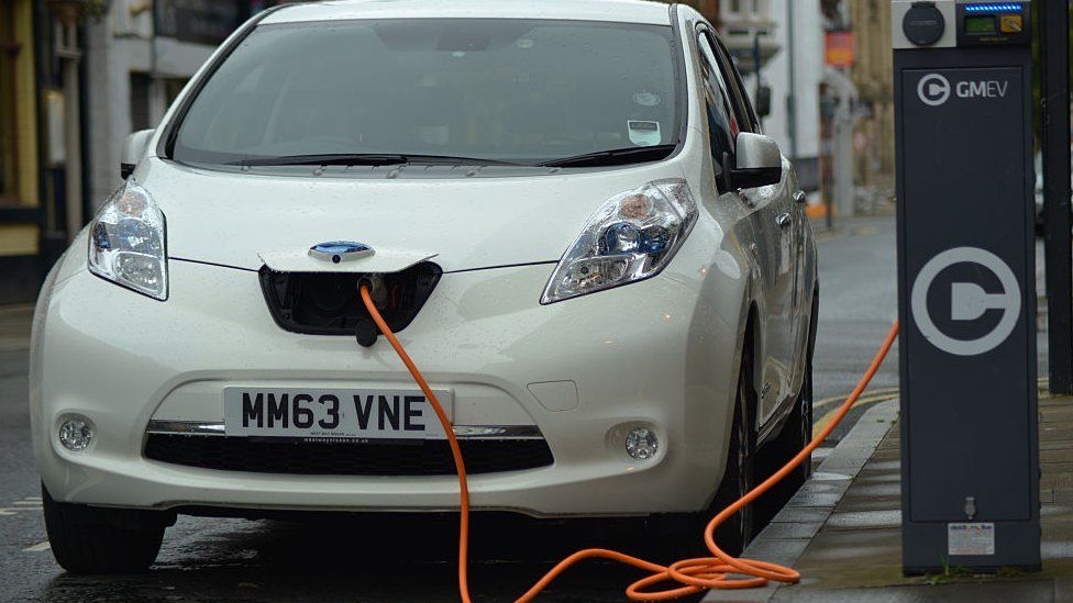 A Nissan Leaf car being charged at a public charge point