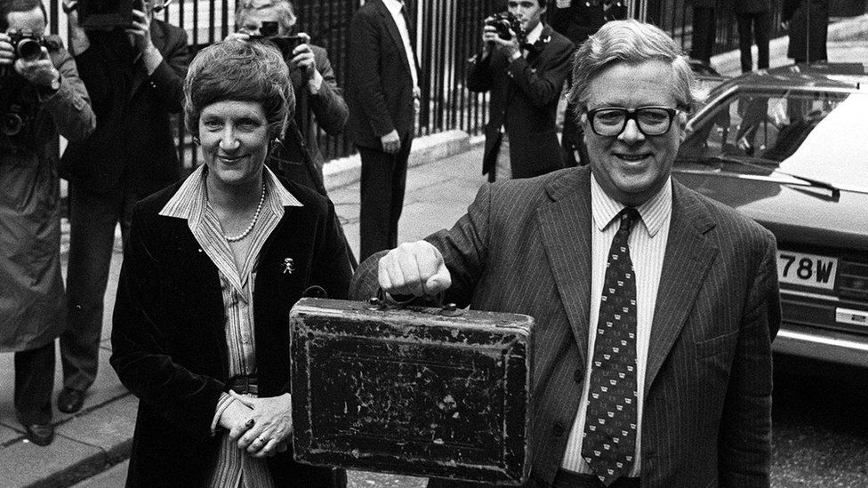 Geoffrey Howe delivering his 1983 Budget with his wife Lady Elspeth