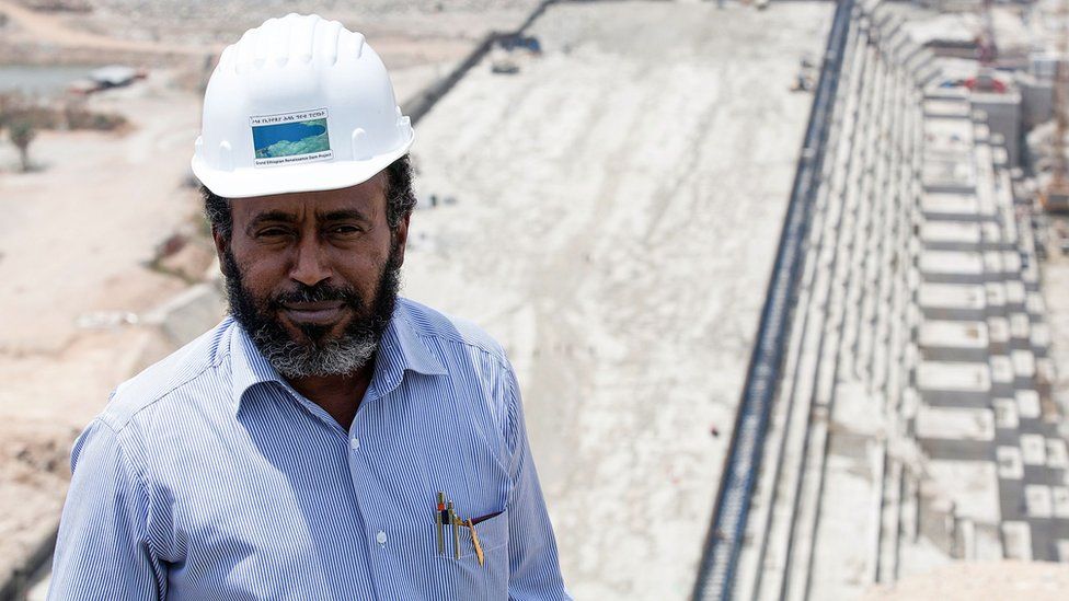 Chief Engineer Simegnew Bekele poses during a tour of the Grand Renaissance Dam under construction near the Sudanese-Ethiopian border.