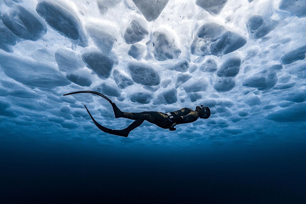 A freediver gazes up at the intricate ice patterns below the surface of a frozen lake.