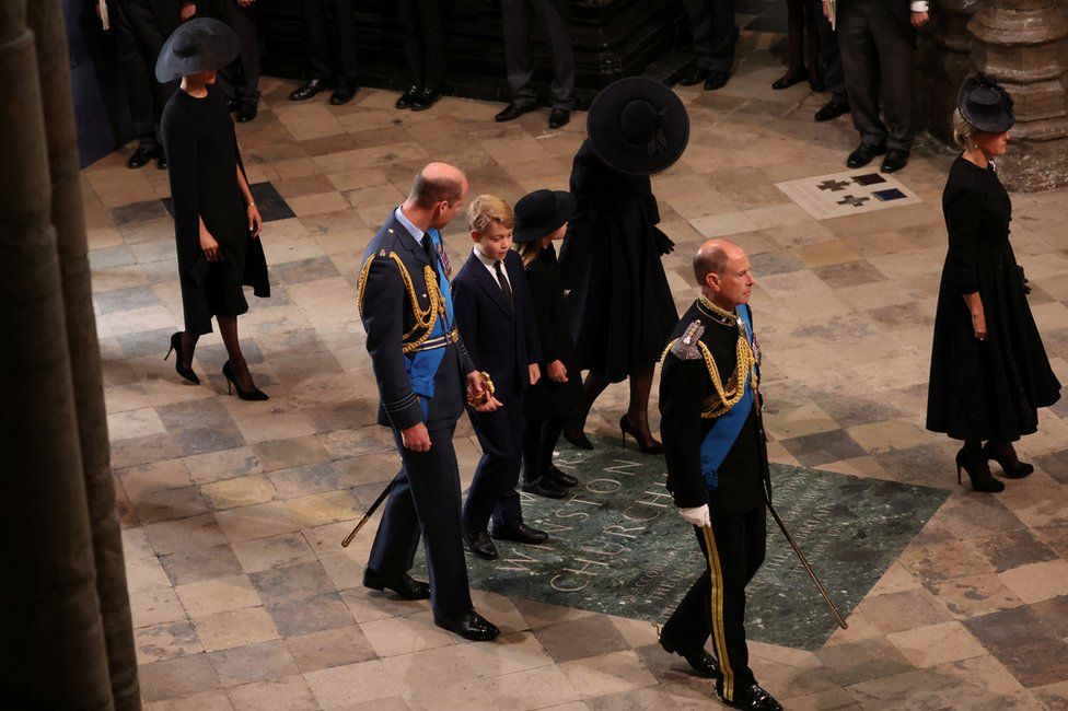 William, Prince of Wales, Catherine, Princess of Wales, Prince George and Princess Charlotte attend, on the day of the state funeral