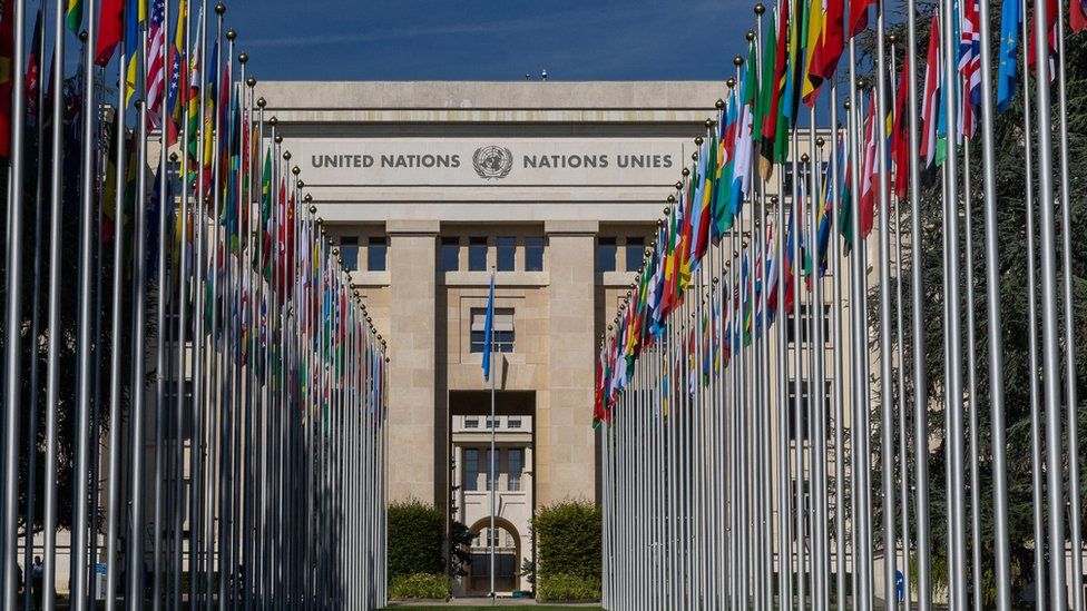 The flag alley at the United Nations European headquarters is seen during the Human Rights Council in Geneva, Switzerland, September 11, 2023