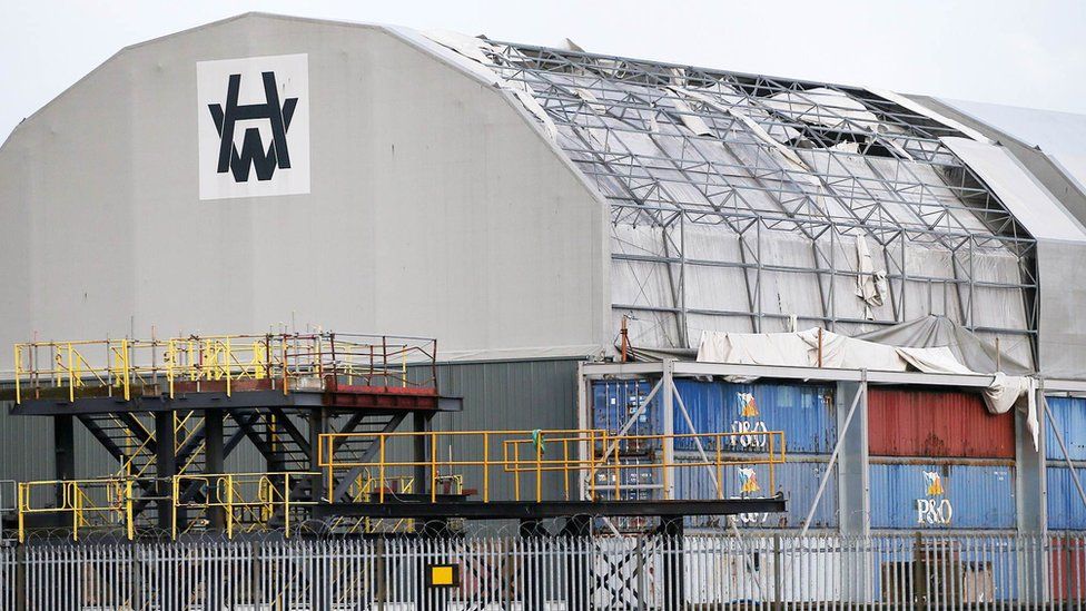 The storm ripped part of the roof off a Harland and Wolff factory building