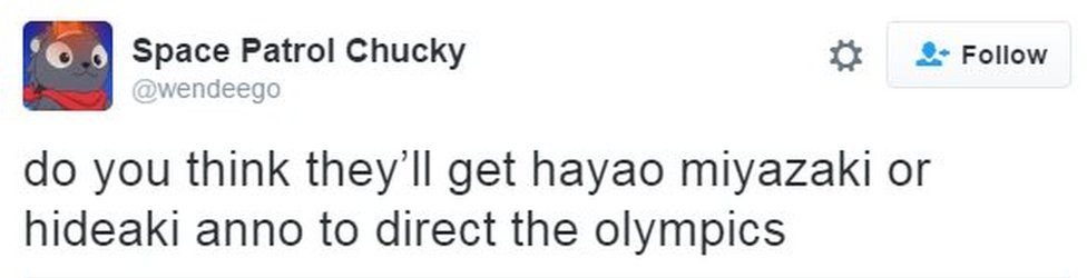 @wendeego tweets: "do you think they'll get hayao miyazaki or hideaki anno to direct the olympics?"