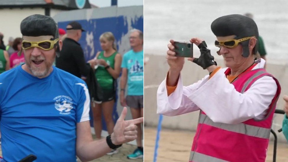 Runner dressed as Elvis while another Elvis lookalike takes photos of the competitors