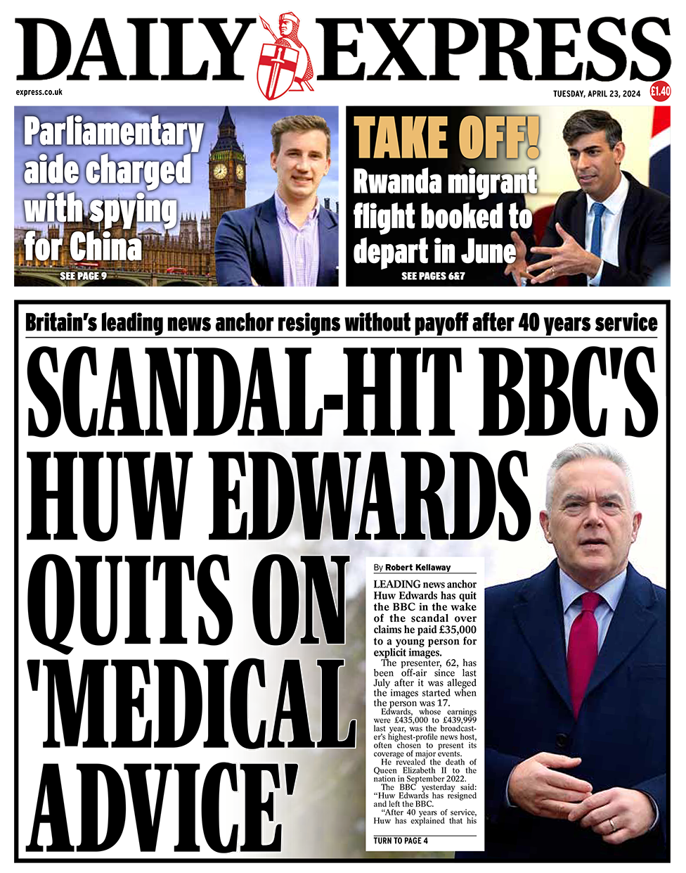 Newspaper headlines: Rwanda flights 'by July' and Huw Edwards resigns ...