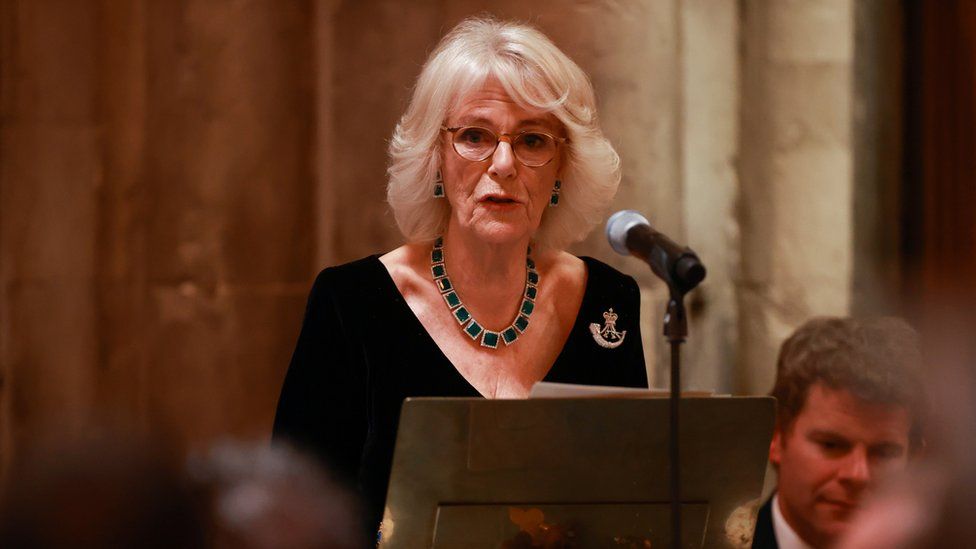 Camilla, Duchess of Cornwall, delivers a speech during the biennial Rifles Awards Dinner at the City of London Guildhall on November 24, 2021 in London, England.