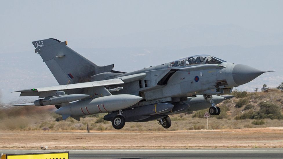 A Ministry of Defence image of an RAF Tornado jet armed with Storm Shadow missiles