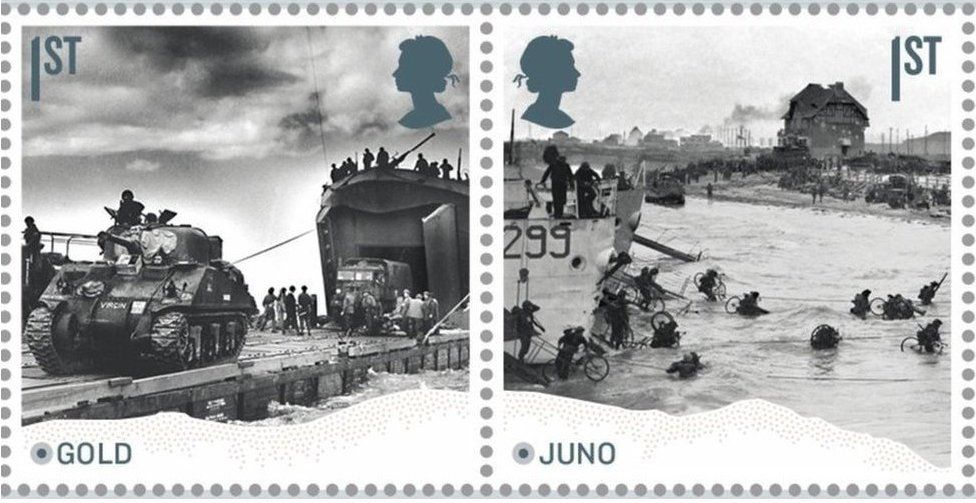 Stamp collections for D-Day Landings anniversary showing troops on Gold and Juno beaches