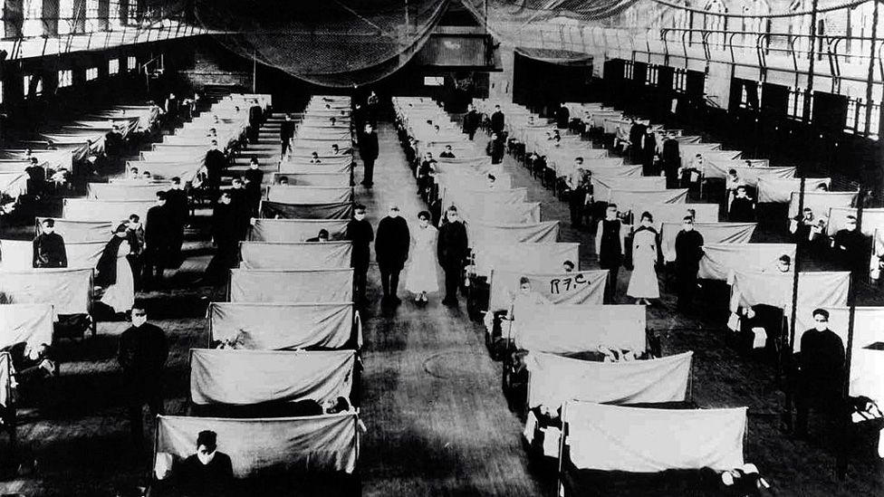 A warehouse being used as a makeshift hospital for flu patients in 1918
