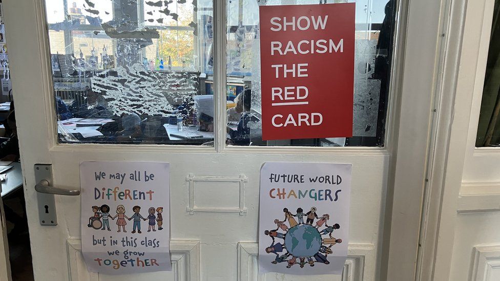 Anti-racism signage on a classroom door at Kitchener Primary School