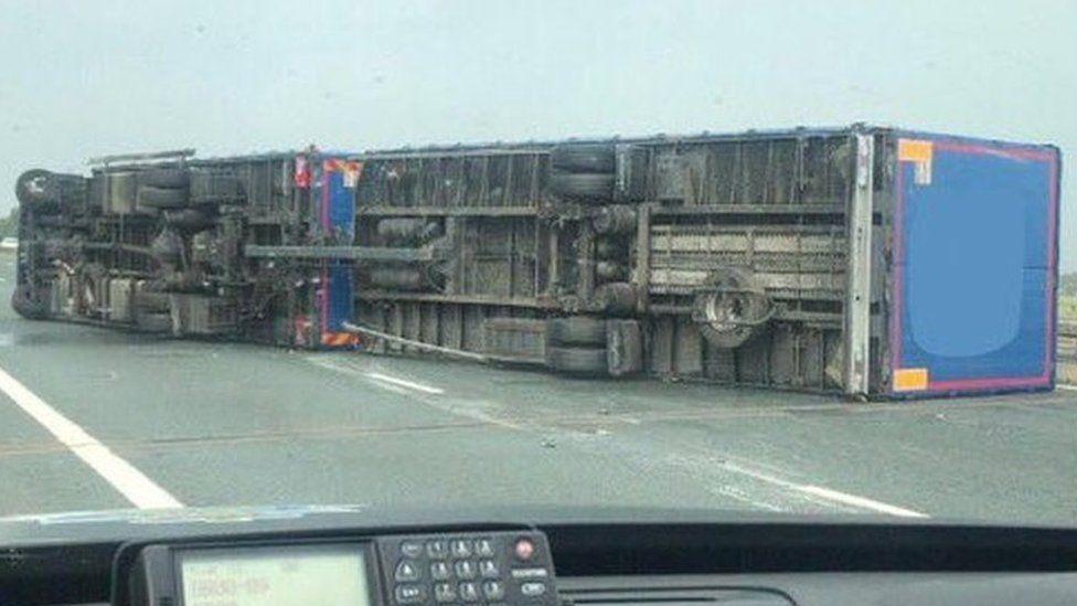 Lorry blown over on M6