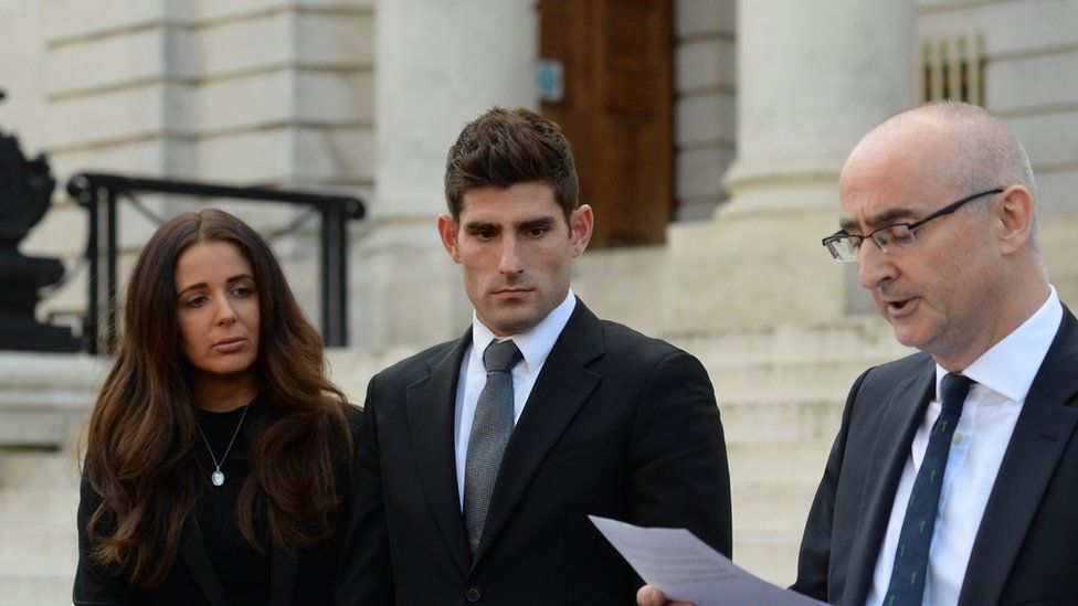 Ched Evans at Cardiff Crown Court with his fiancee Natasha Massey