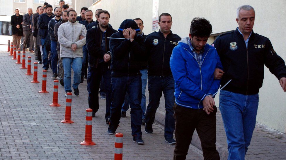 Suspects arrive at police headquarters in Kayseri