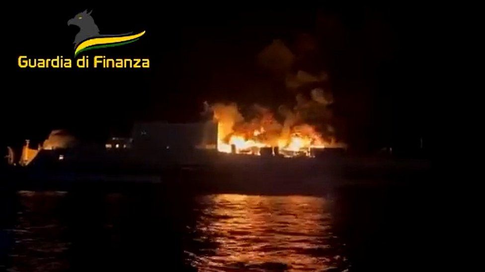 Pictures from Italy's customs police showed the extent of the fire that engulfed the ferry