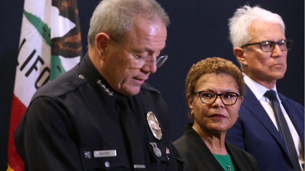  LAPD Chief Michael Moore, LA Mayor Karen Bass and District Attorney George Gascon