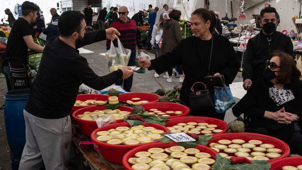 People shop at a local street market on May 03, 2023 in Istanbul