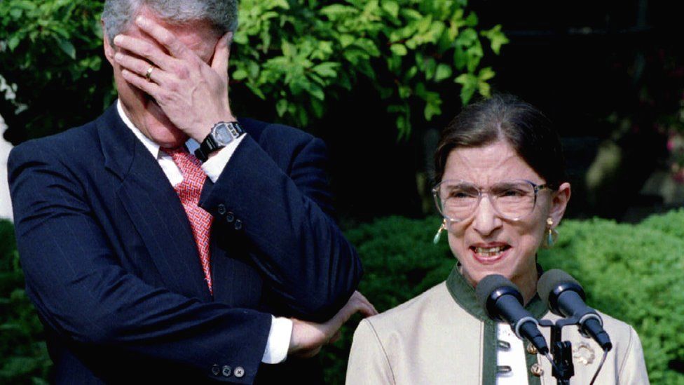 Former President Bill Clinton reacts to a remark made by Ruth Bader Ginsburg, 3 August 1993