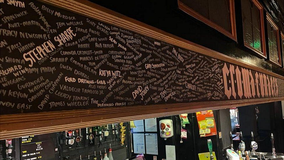 Crowdfunder names above the bar at the Craufurd Arms