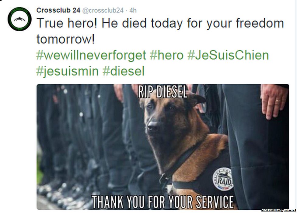 Tweet showing image of police dog with the slogan "THANK YOU FOR YOUR SERVICE" superimposed