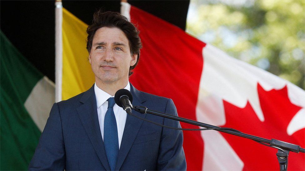 Canada's Prime Minister Justin Trudeau delivers an statement in Nova Scotia
