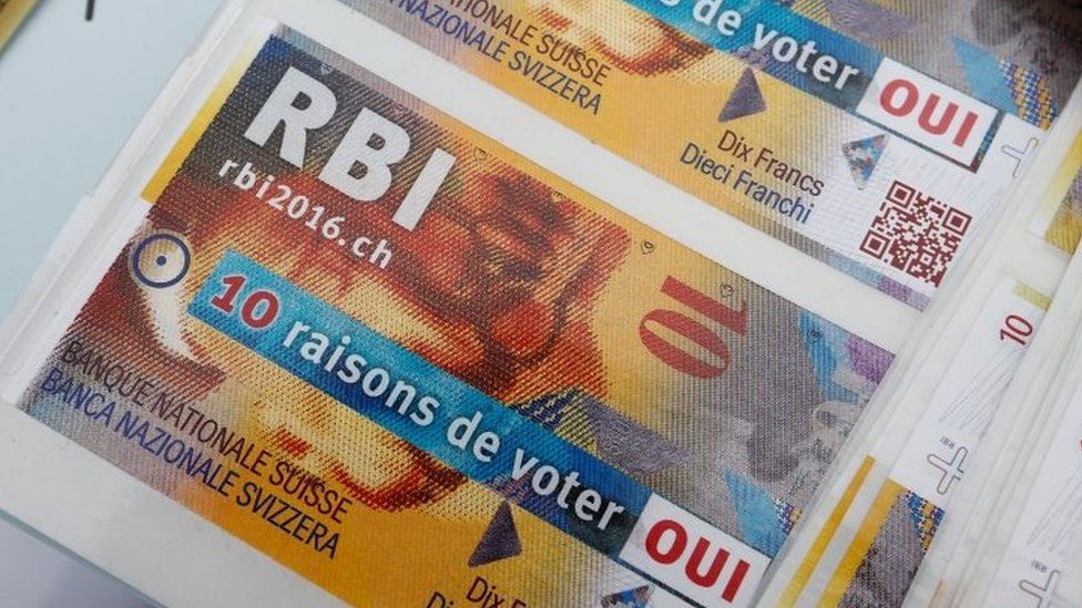 Promotional leaflets for the Unconditional Basic Income are pictured on the Plainpalais Square in Geneva (14 May 2016)