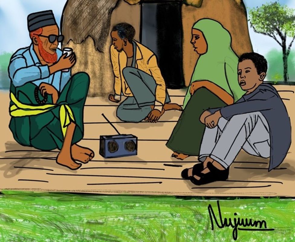 Картина Нуджум Хаши, на которой семья слушает радио возле своего дома