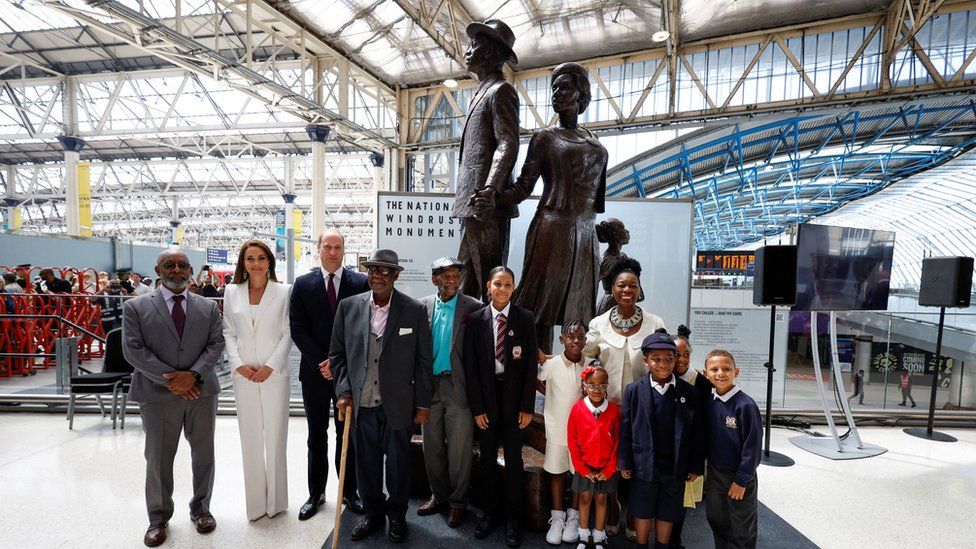 The Duke and Duchess of Cambridge, accompanied by Baroness Floella Benjamin, Windrush passengers Alford Gardner and John Richards and children at the unveiling of the National Windrush Monument at Waterloo Station, to mark Windrush Day.