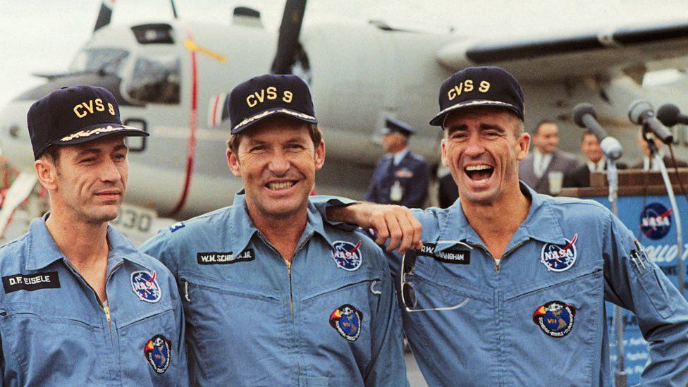 From left: Captain Walter Schirra, Walter Cunningham, and Donn Eiseke.