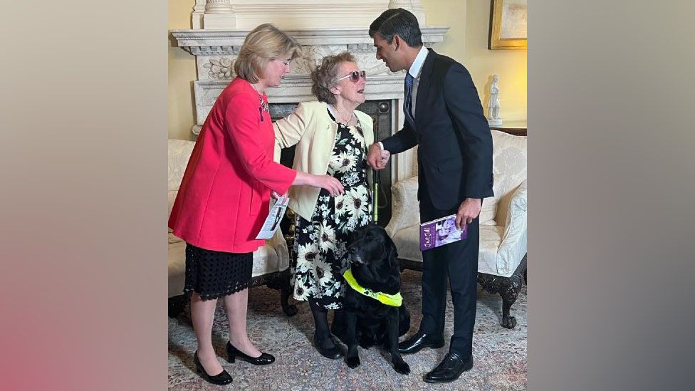 Jill Allen-King, with her guide dog, and Southend MP Anna Firth meeting Prime Minister Rishi Sunak at an event for community champions