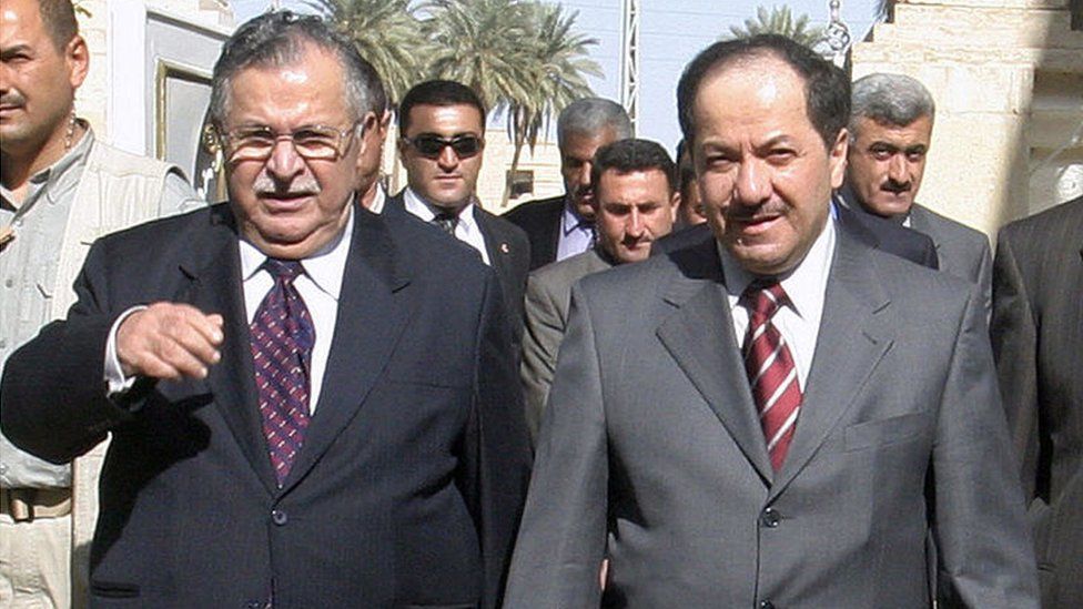 Then Iraqi President Jalal Talabani (L) with his rival, Kurdish regional President Massoud Barzani (R), in Baghdad on 17 March 2006