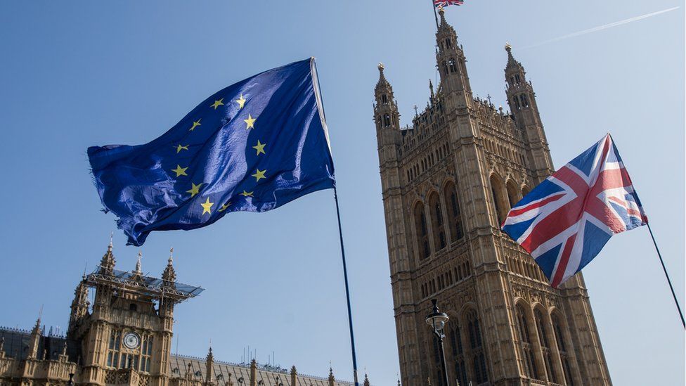 EU and British flag outside parliament